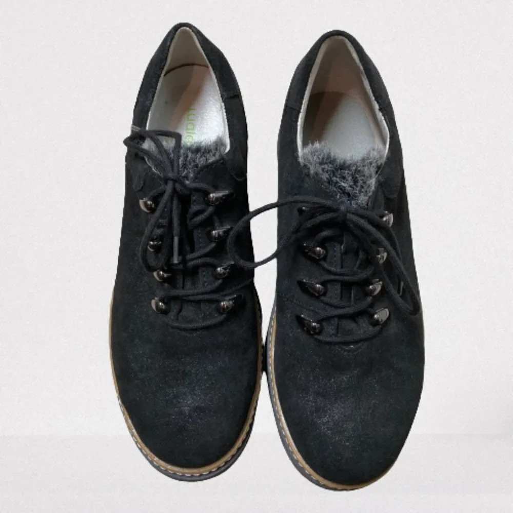 Waldlaufer Hanah Hitomi Black Shimmer Suede Lace-up‎ Walking Shoe, UK 4 US 6.5